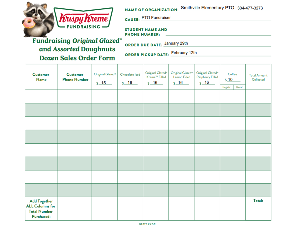 🍩✨ Krispy Kreme Doughnut Fundraiser ✨🍩 Smithville Elementary PTO  Support Smithville Elementary by participating in our Krispy Kreme Fundraiser!📝 Order forms due: Wednesday, January 29th 📦 Pickup date: Wednesday, February 12th 💵 Make checks payable to SES PTO  🍩 Dozen Options Available ✔️ Original Glazed® ✔️ Chocolate Iced ✔️ Lemon Filled ✔️ Raspberry Filled ☕ Coffee also available! Original Glazed is $15 and all other variations are $16, coffee is $10.