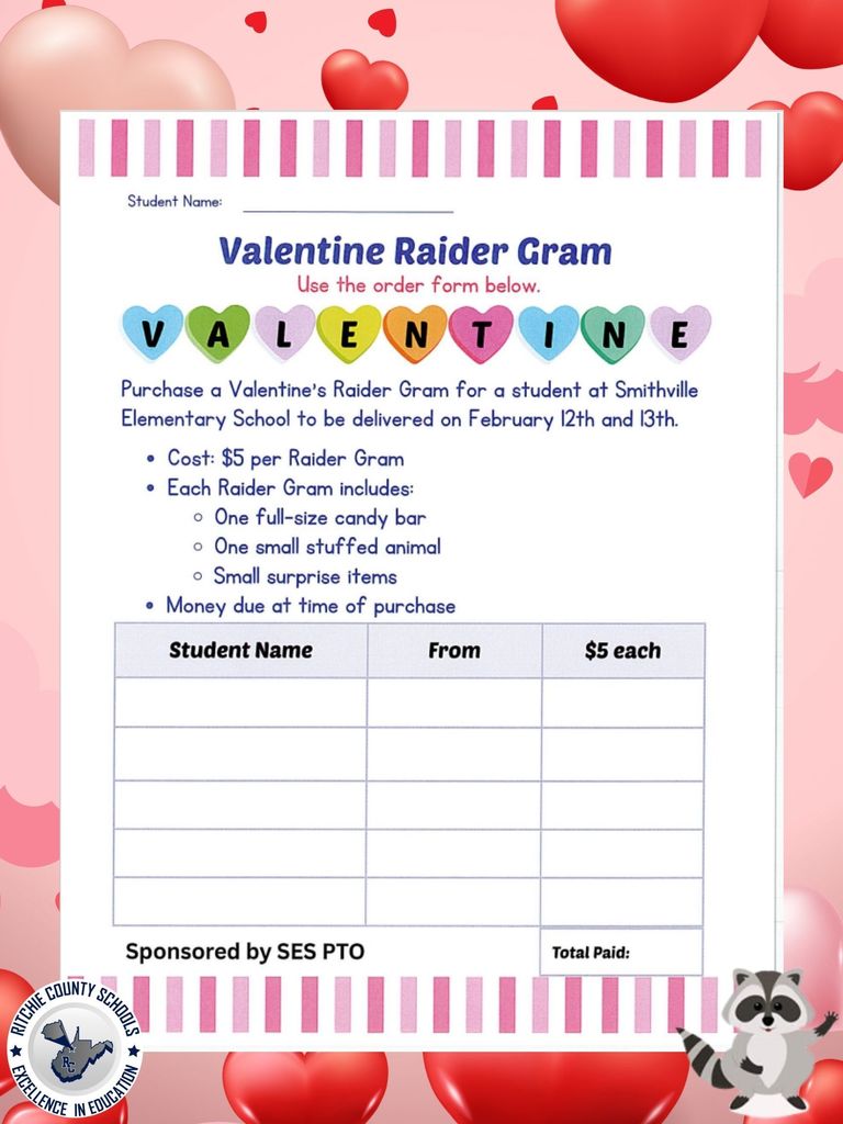 💖 Valentine Raider Grams are back! 💖  Surprise your student with a Valentine Raider Gram from Smithville Elementary School! 💌 For just $5, each Raider Gram includes: 🍫 A full-size candy bar 🧸 A small stuffed animal 🎁 Fun surprise items  📅 Raider Grams will be delivered February 12th & 13th 📝 Order forms are due by Friday, February 6th 💵 Payment is due at the time of purchase  Order forms are coming home—be sure to return them before the deadline! Sponsored by SES PTO 💙  💘 Spread the love this Valentine’s Day! 💘