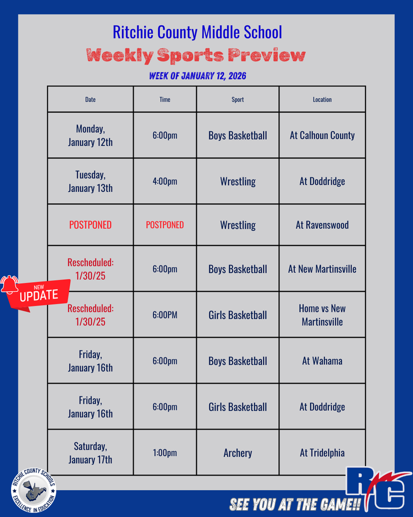 Basketball games for tonight have been rescheduled for 1/30/26, the wrestling tournament at Ravenswood has been postponed.