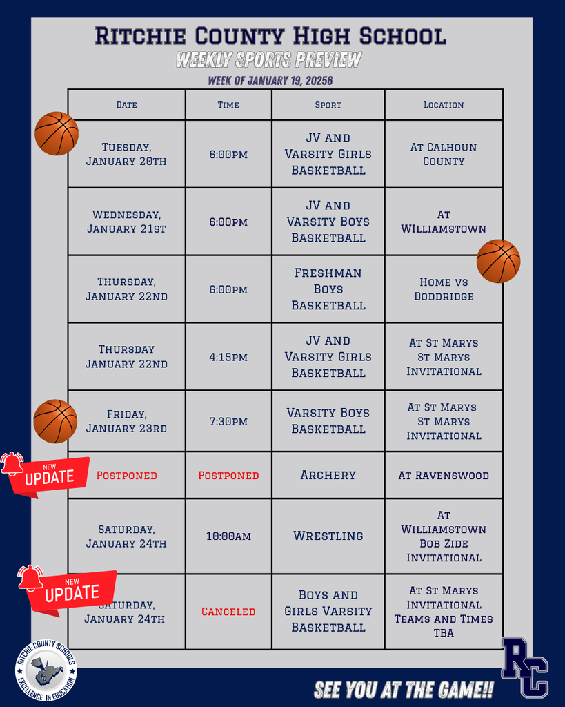 Postponed- Archery Friday and Saturday; Canceled- Boys and Girls basketball tournament at St Marys for Saturday