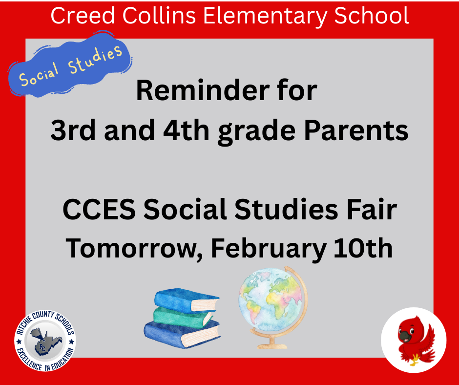 3rd and 4th grade parents- Social Studies Fair is tomorrow February 10th