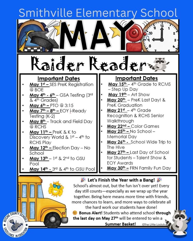 A colorful school newsletter flyer titled “Smithville Elementary School – May Raider Reader.” The background is bright blue with a central white panel bordered in black. At the top, the words “Smithville Elementary School” appear in large light-colored text.  Below the title is a decorative “May Raider Reader” header with school-themed graphics including a graduation cap, a red school bell, stars, and a classroom clock.  The main content is divided into two columns labeled “Important Dates.”  Left column dates:  May 1st – SES PreK Registration at BOE May 4th–6th – GSA Testing (3rd & 4th Grades) May 6th – PTO meeting at 3:15 May 7th–8th – End-of-Year i-Ready Testing (Grades K–2) May 8th – Track and Field Day at RCHS May 11th – PreK & Kindergarten trip to Discovery World; 1st–4th grades to RCHS play May 12th – Election Day (No School) May 13th – 1st & 2nd grades to GSU Pool May 14th – 3rd & 4th grades to GSU Pool  Right column dates:  May 15th – 4th Grade to RCMS Step-Up Day May 19th – Art Show May 20th – PreK Last Day and PreK Graduation May 21st – 4th Grade Recognition and RCHS Senior Walkthrough May 22nd – Color Games May 25th – No School (Memorial Day) May 26th – School-wide trip to The Hive May 27th – Last Day of School for Students; Talent Show and End-of-Year Awards May 30th – FRN Family Fun Day  At the bottom, there is a section titled “Let’s Finish the Year with a Bang!” with celebratory confetti graphics. The message encourages students to stay engaged through the end of the school year, emphasizing that attendance matters and highlighting time with friends, learning opportunities, and celebrations.  A “Bonus Alert” note states that students who attend school through the last day on May 27th will be entered to win a Summer Basket.  Decorative elements include a yellow school bus illustration, a smiling sun wearing sunglasses, and a cartoon raccoon mascot. In the lower left corner is the Ritchie County Schools logo with the phrase “Excellence in Education.”
