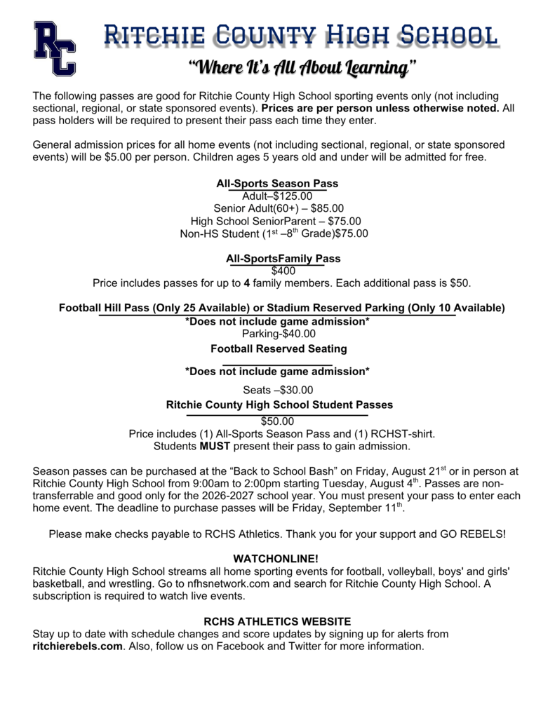 Ritchie County High School Sports Pass information