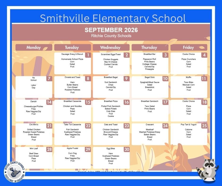 **Alt Text / Accessible Description:** September 2026 Ritchie County Schools breakfast and lunch menu. The calendar is organized Monday through Friday. **Tuesday, September 1:** Breakfast: Sausage gravy and biscuit. Lunch: Homemade school pizza, corn, salad, and fruit. **Wednesday, September 2:** Breakfast: Scrambled eggs and toast. Lunch: Chicken nuggets, mac and cheese, cooked carrots, and fruit. **Thursday, September 3:** Breakfast: Breakfast bar. Lunch: Pepperoni roll, pinto beans, cottage cheese, carrots and dip, and pineapple. **Friday, September 4:** Breakfast: Cookβs choice. Lunch: Pizza crunchers, corn, salad, and fruit. **Monday, September 7:** No school for Labor Day. **Tuesday, September 8:** Breakfast: Omelet and toast. Lunch: Ham, butter beans, cornbread, roasted potatoes, and fruit. **Wednesday, September 9:** Breakfast: Breakfast bagel. Lunch: Sub sandwich, chips, carrots and dip, and fruit. **Thursday, September 10:** Breakfast: Bagel stick. Lunch: Spaghetti with meat sauce, salad, breadstick, and fruit. **Friday, September 11:** Breakfast: Muffin. Lunch: Taco bites, Mexican corn, salad, and fruit. **Monday, September 14:** Breakfast: Danish. Lunch: Cheeseburger with pickles, fries, raw veggies and dip, and fruit. **Tuesday, September 15:** Breakfast: Breakfast casserole. Lunch: Chicken and noodles, peas, salad, and fruit. **Wednesday, September 16:** Breakfast: Breakfast pizza. Lunch: Pulled pork sandwich, baked potato, coleslaw, fruit, and cookie. **Thursday, September 17:** Breakfast: Breakfast sandwich. Lunch: Taco salad, pinto beans, and fruit. **Friday, September 18:** Breakfast: Cookβs choice. Lunch: Pizza, corn, salad, and fruit. **Monday, September 21:** Breakfast: Cini Minis. Lunch: Grilled chicken, roasted sweet potatoes, green beans, bread, and fruit. **Tuesday, September 22:** Breakfast: Tater tot casserole. Lunch: Fish sandwich, scalloped potatoes, raw veggies and dip, and fruit. **Wednesday, September 23:** Breakfast: Oats and toast. Lunch: Chicken sandwich, broccoli and cheese, raw veggies and dip, and fruit. **Thursday, September 24:** Breakfast: Crescent. Lunch: Meatloaf, mashed potatoes and gravy, baked beans, bread, and fruit. **Friday, September 25:** Breakfast: Pop-Tart and yogurt. Lunch: Calzone, corn, salad, and fruit. **Monday, September 28:** Breakfast: Mini loaf. Lunch: Beef stew, cornbread, peas, and fruit. **Tuesday, September 29:** Breakfast: Apple Frudel. Lunch: Corn dog, fries, raw veggies and dip, and fruit. **Wednesday, September 30:** Breakfast: Egg bites. Lunch: Ham, scalloped potatoes, green beans, bread, and fruit. The menu also notes that cereal, juice, milk, and fruit are served with all breakfasts.