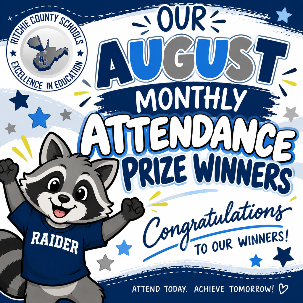 Colorful school-themed graphic announcing βOur August Monthly Attendance Prize Winners.β Raider the Raccoon, a smiling gray-and-black raccoon mascot wearing a navy blue βRAIDERβ shirt, celebrates with both arms raised. The Ritchie County Schools βExcellence in Educationβ logo appears in the upper left corner. Blue, gray, and yellow stars and confetti decorate the background. The graphic also reads, βCongratulations to Our Winners!β and βAttend Today. Achieve Tomorrow!β