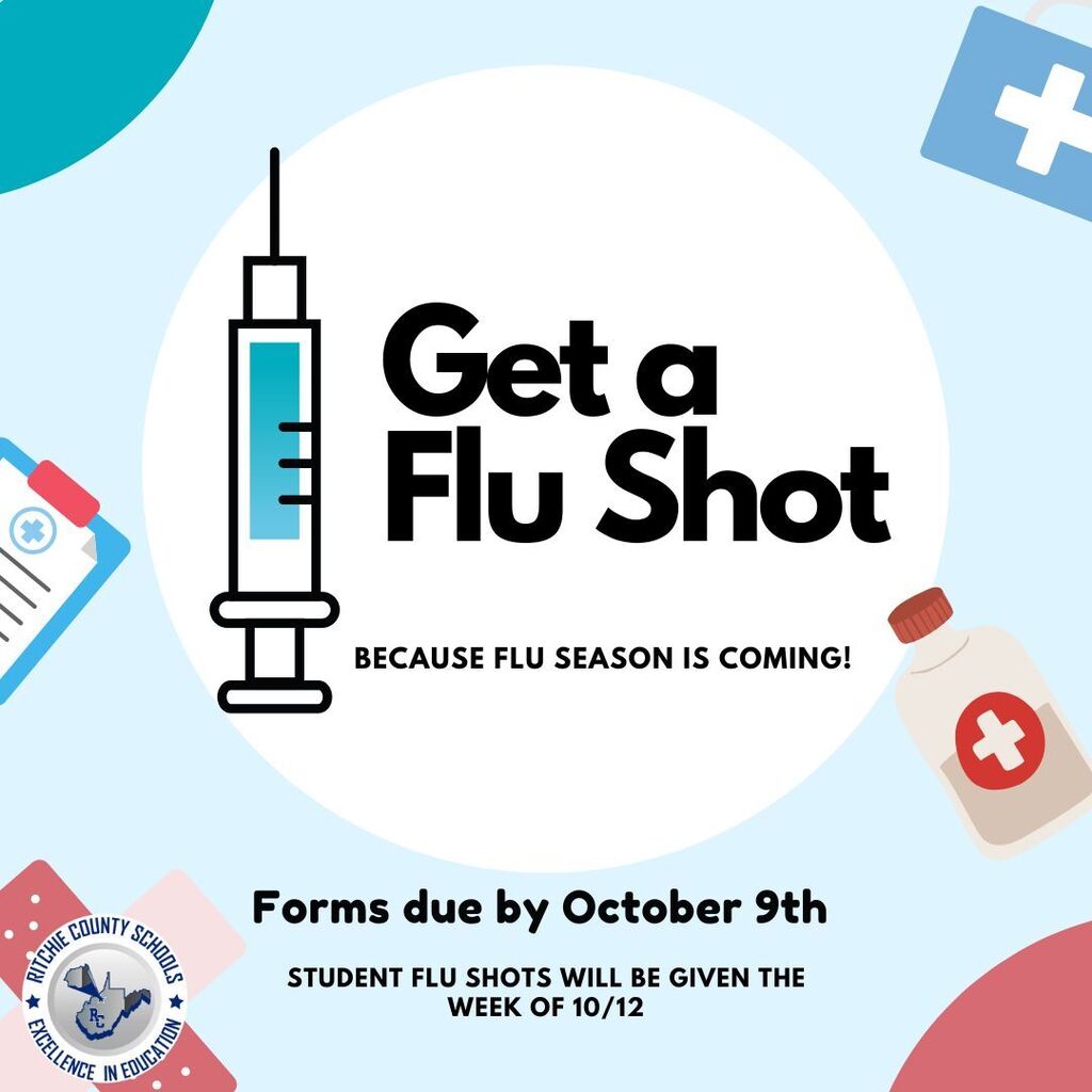 Flu shot announcement graphic from Ritchie County Schools on a light blue background with medical-themed illustrations, including a large syringe, first-aid kit, clipboard, medicine bottle, bandage, and the Ritchie County Schools “Excellence in Education” logo. Large text in the center reads, “Get a Flu Shot” followed by “Because flu season is coming!” At the bottom, bold text states, “Forms due by October 9th.” Additional text reads, “Student flu shots will be given the week of 10/12.”