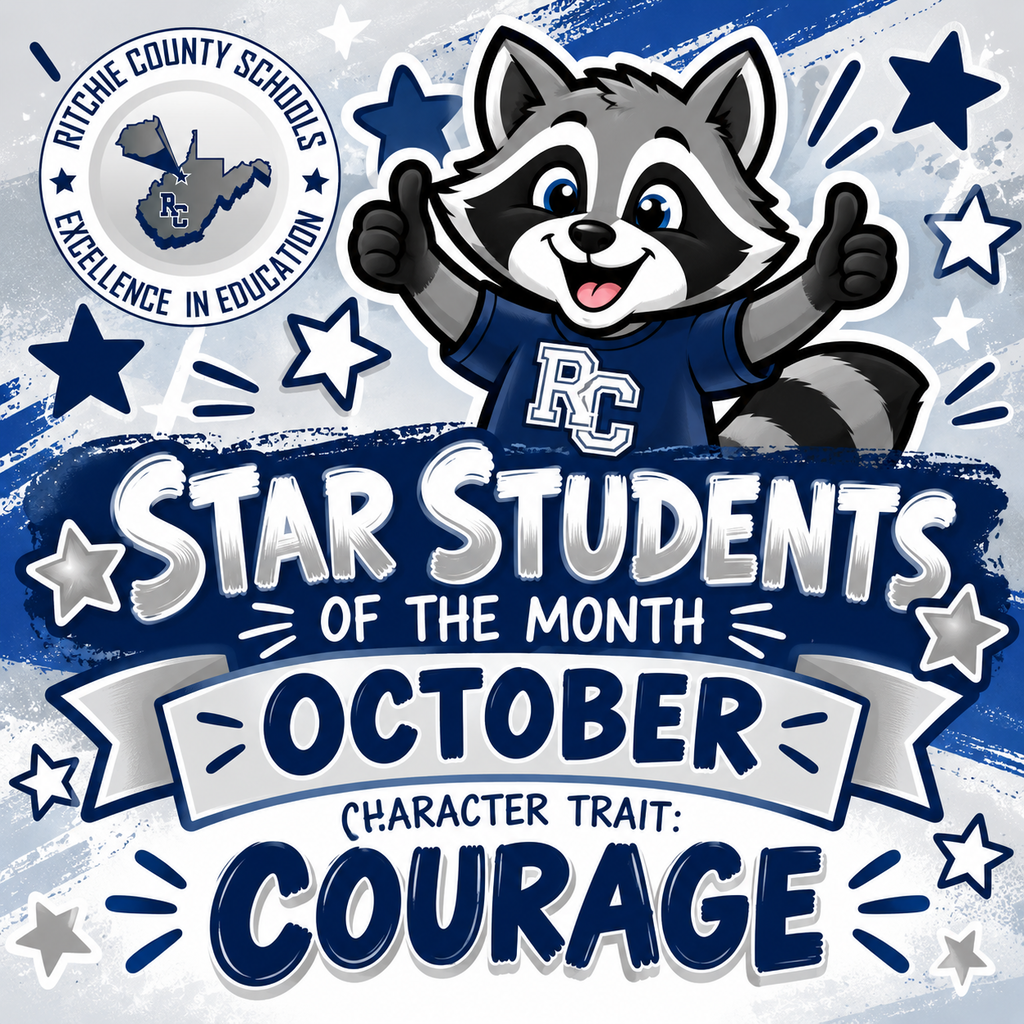 A blue, navy, silver, gray, and white school-themed graphic celebrating Smithville Elementary School’s Star Students of the Month for October. At the top center is Raider the Raccoon, a smiling gray, black, and white raccoon mascot wearing a navy blue shirt with the letters “RC” and giving two thumbs up. The Ritchie County Schools logo appears in the upper left and includes an outline of West Virginia with the letters “RC,” along with the words “Ritchie County Schools – Excellence in Education.” The graphic is decorated with navy, blue, silver, and white stars and brushstroke accents. Large text reads: “Star Students of the Month – October – Character Trait: Courage.”