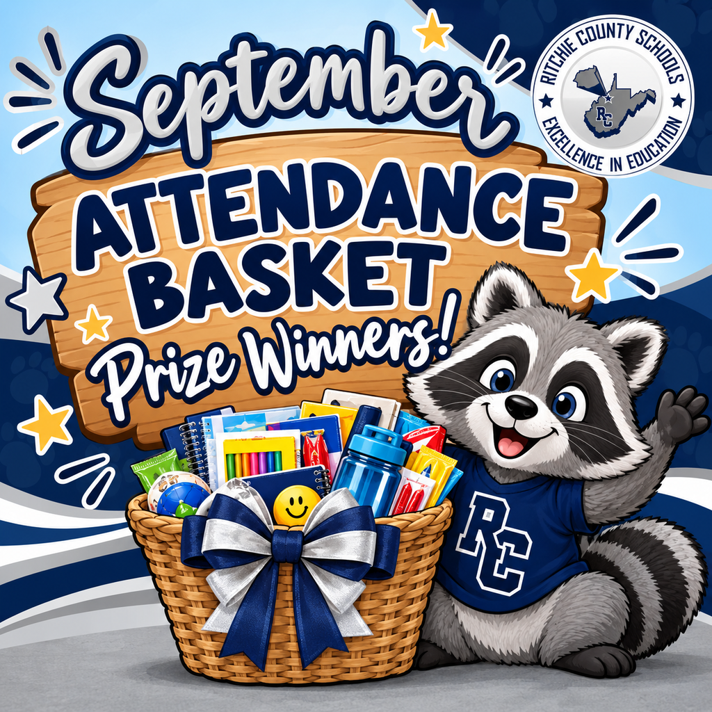 Colorful Smithville Elementary attendance celebration graphic in navy blue, light blue, white, silver, and gold. Large text reads, “September Attendance Basket Prize Winners!” A smiling cartoon raccoon, Raider the Raccoon, is wearing a navy blue shirt with the letters “RC” and waving beside a large woven prize basket. The basket is filled with prizes, including notebooks, markers, a water bottle, small toys, treats, and other colorful items, and is decorated with a large navy blue and silver bow. The Ritchie County Schools logo appears in the upper right corner and reads, “Ritchie County Schools – Excellence in Education.” Stars and celebratory accents decorate the background.