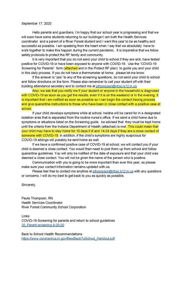 Letter from the Health Services Coordinator