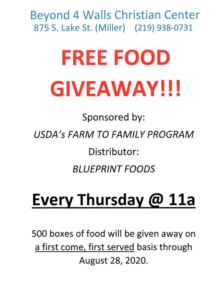 Beyond 4 Walls Christian Center FREE FOOD GIVEAWAY Flyer