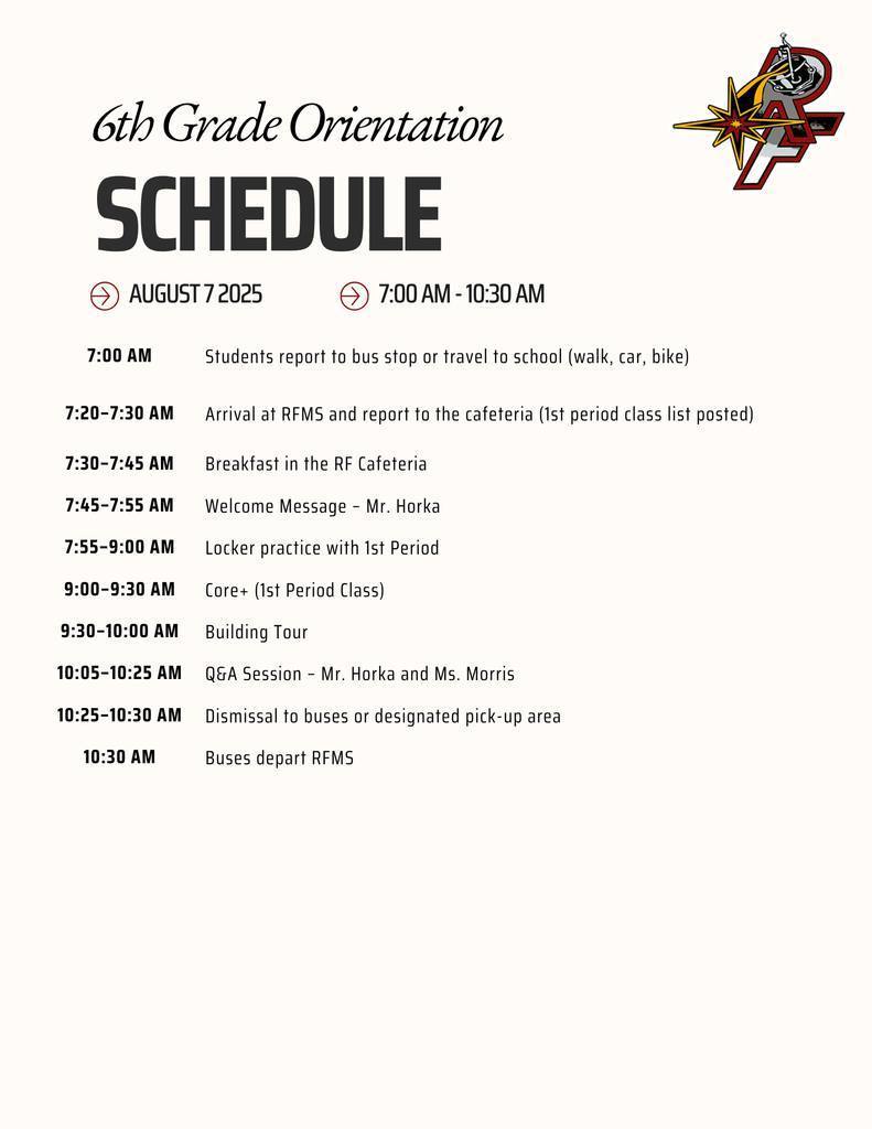 6th grade orientation schedule english