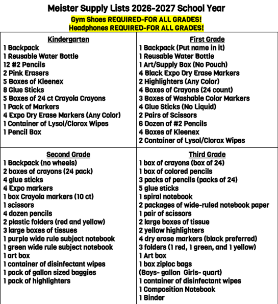 Supply Lists for Grades K-3