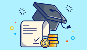 graduation cap, paperwork and coins on a blue background