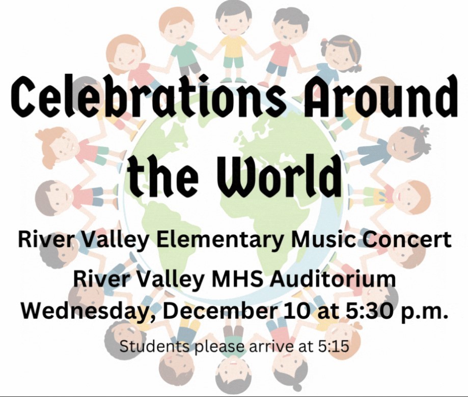 🎶 RV Elementary Presents: Celebrations Around the World Music Concert 🎶 Join us for a magical evening of music and culture as our talented elementary students share songs from around the globe! 📅 Date: Wednesday, December 10 🕠 Time: 5:30 PM 📍 Location: RV Middle High School Auditorium ✨ Free admission – Everyone is welcome! Come celebrate the season with us and enjoy the sounds of the world! 🌍