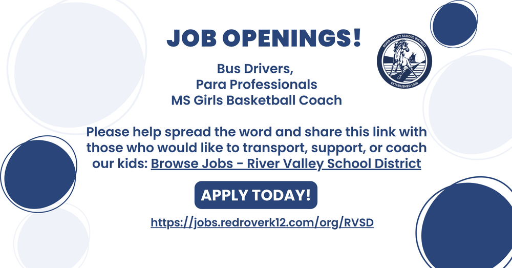 JOB OPENINGS  We need bus drivers, paraprofessionals, and MS Girls Basketball Coach.  Please help spread the word and share this link with those who would like to transport, support, or coach our kids: