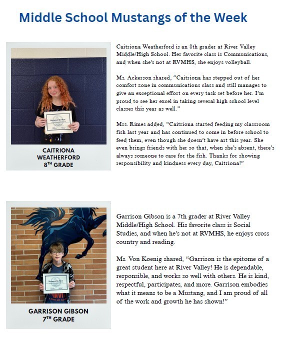 Middle School Mustangs of the Week