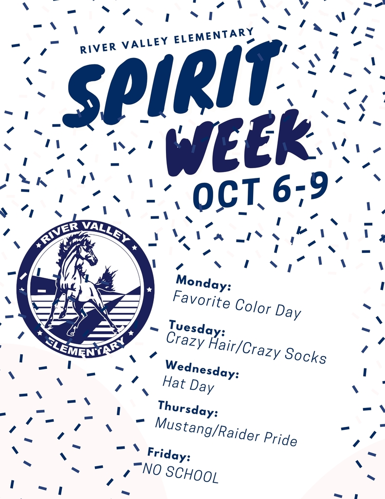 Monday – Favorite Color Day Wear your favorite color from head to toe! Let’s brighten the halls with a rainbow of personality and positivity. Tuesday – Crazy Hair & Crazy Socks Day Let your hair go wild and your socks go silly! The crazier, the better — show off your fun and funky style. Wednesday – Hat Day Top off your outfit with your favorite hat! From baseball caps to silly sombreros, we want to see your best headwear. Thursday – Mustang/Red Arrow Raider Pride Day Show your school spirit by wearing your team colors: Mustangs: Navy Blue & White Red Arrow Raiders: Carolina Blue & Black Friday – No School There’s no school on Friday, but don’t forget to come out and support the Red Arrow Raiders at the Homecoming Game kickoff is at 7:00 PM at River Valley Football Field.