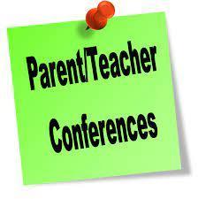 Parent/Teacher Conferences Printed on a Bright Green Sticky Note with a Red Push Pin in the top