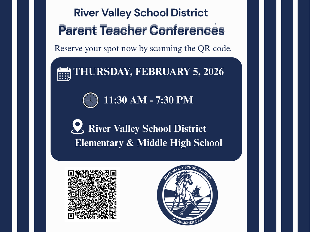 Parent Teacher Conferences will be held on Thursday, February 5, 2026. This is a great opportunity to meet with your child’s teachers and discuss their progress. Please sign up online using the QR code on the flyer . If you experience any issues signing up, please call the school office and we will be happy to assist you. Contacts for Assistance: MHS Office: Autumn Israelite 269-756-7872 RVE Office: Michelle Groenke or Terry Bronson 269-756-9050 Thank you for partnering with us in your child’s education!.