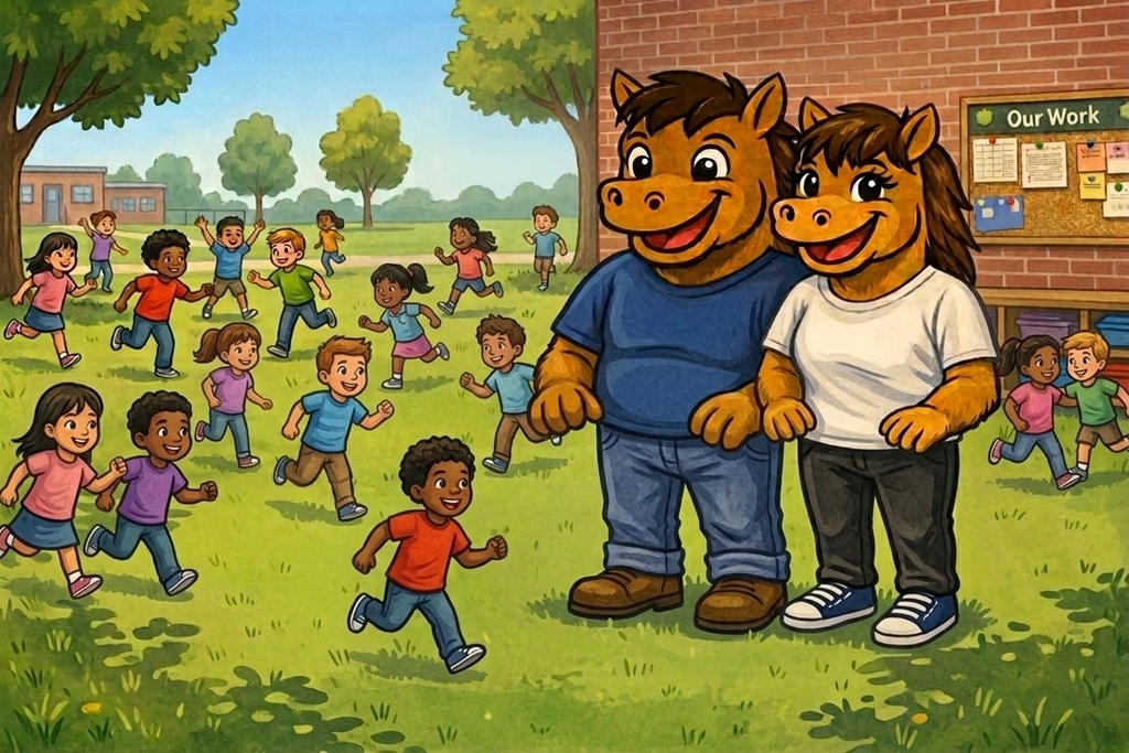 Mustangs and children playing