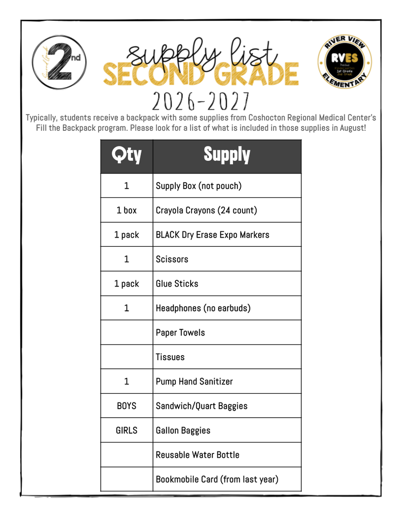 2nd Grade supply list