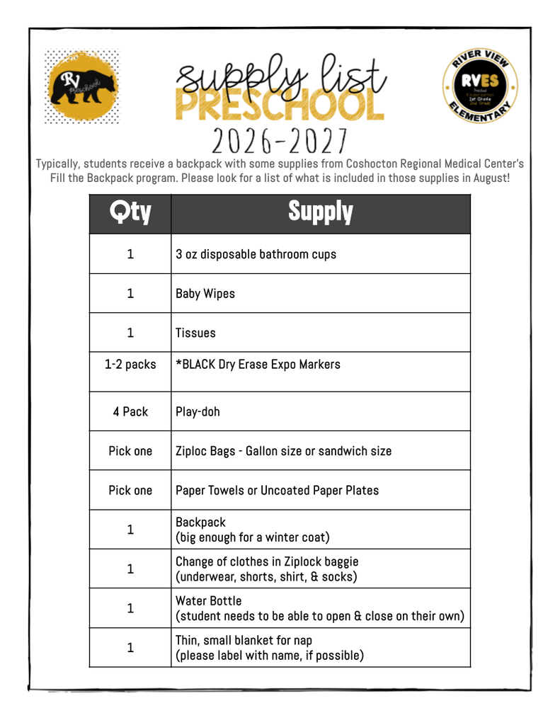 preschool supply list
