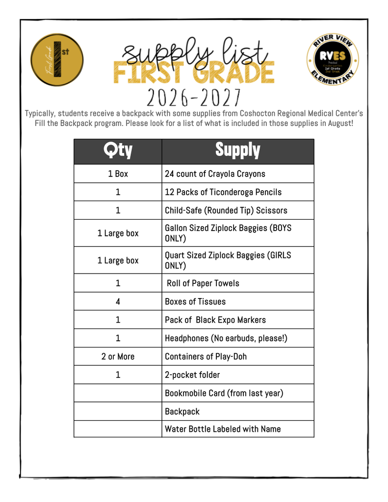 1st Grade supply list 