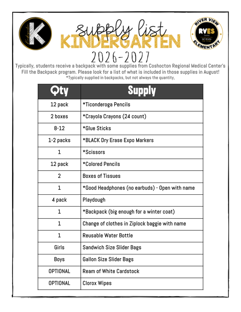 kindergarten supply list