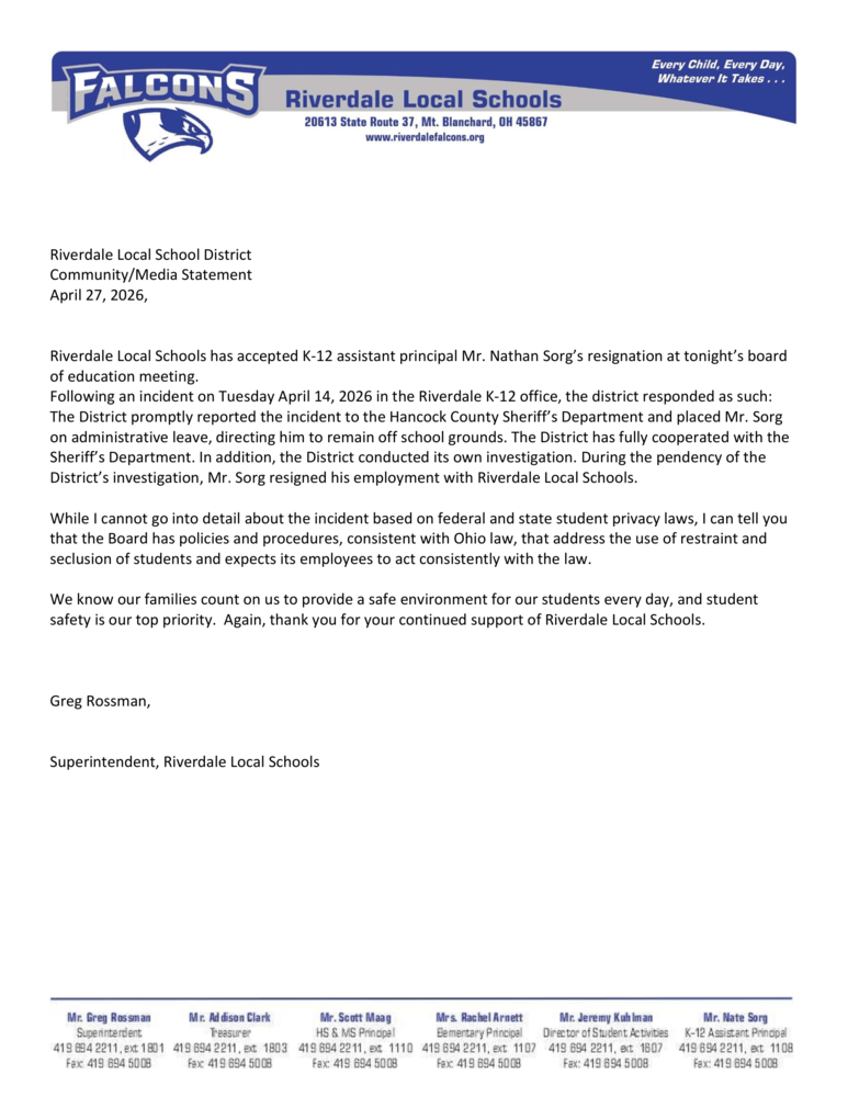 Riverdale Local School District Community/Media Statement April 27, 2026