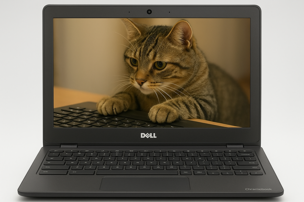 A Chrome with a cat typing at a computer picutered on the monitor.