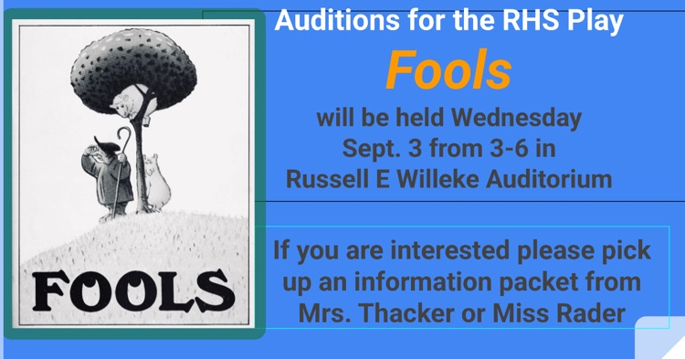 2025 RHS Play Tryouts in the auditorium from 6-9pm on September 3rd, 2025