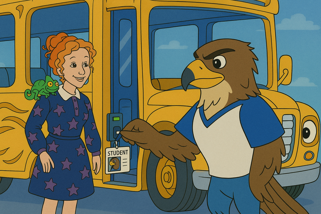 Felix the Falcon scanning his bus ID badge to get on the bus.