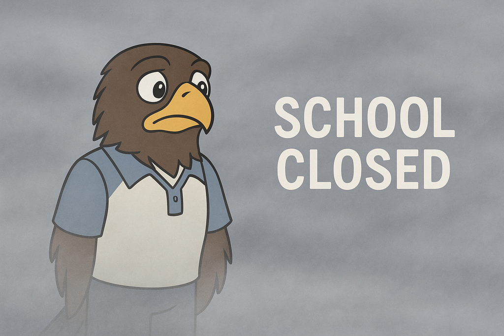 Falcon in fog with the message school closed