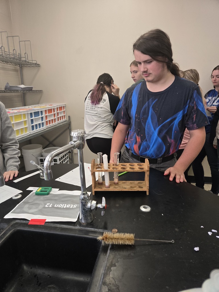 Students with bubbling test tube