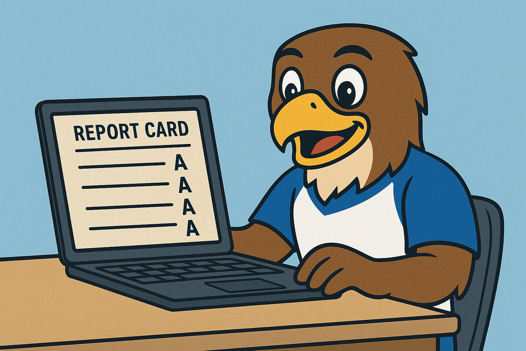 Felix the Falcon checking his Report Card on his laptop.