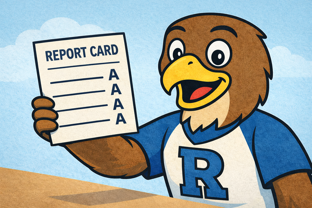 Felix the Falcon holding his grade card