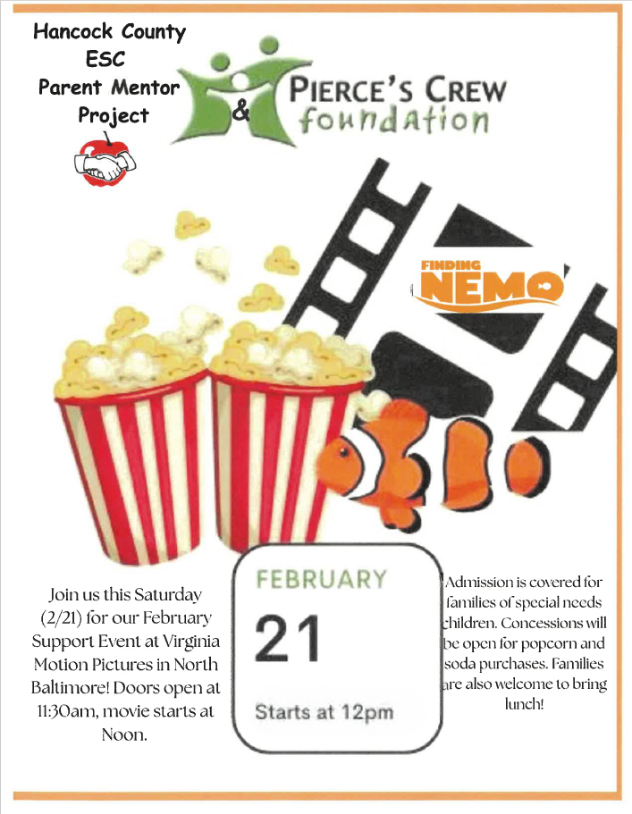 Hancock ESC Movie Event: Finding Nemo 2/21 at 12pm at Virginia Motion Pictures in North Baltimore. Doors open at 11:30 am