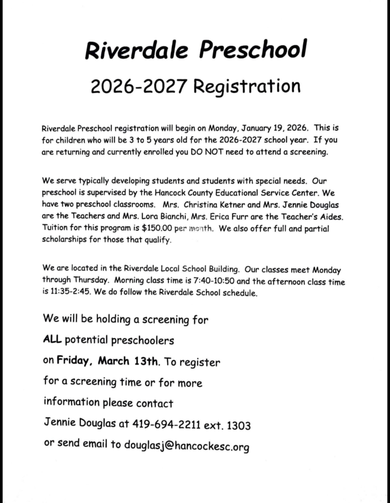Info regarding preschool registration/screening through the ESC, housed in Riverdale Elementary. Classes meet Monday-Thursday (either am or pm sessions); Screening will be held on Friday, March 13th. 