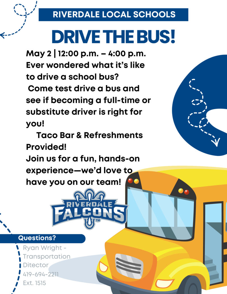 DRIVETHEBUS!  May 2 | 12:00 p.m. – 4:00 p.m. Ever wondered what it’s like to drive a school bus? Come test drive a bus and see if becoming a full-time or substitute driver is right for you! Taco Bar & Refreshments Provided! Join us for a fun, hands-on experience—we’d love to have you on our team!