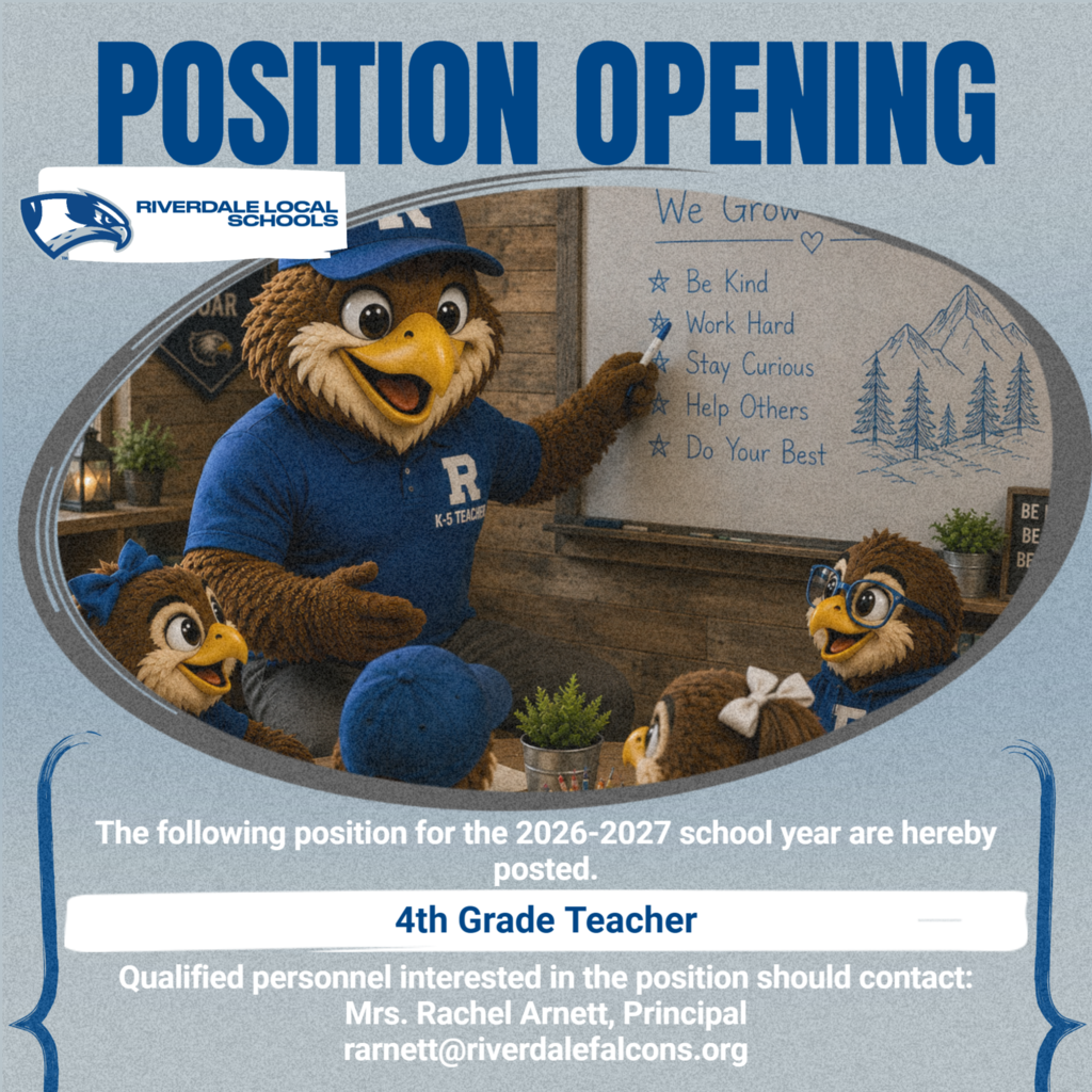 Felix the Falcon taking the place of a 4th Grade teacher as we at Riverdale announce the position opening of a 4th Grade teacher