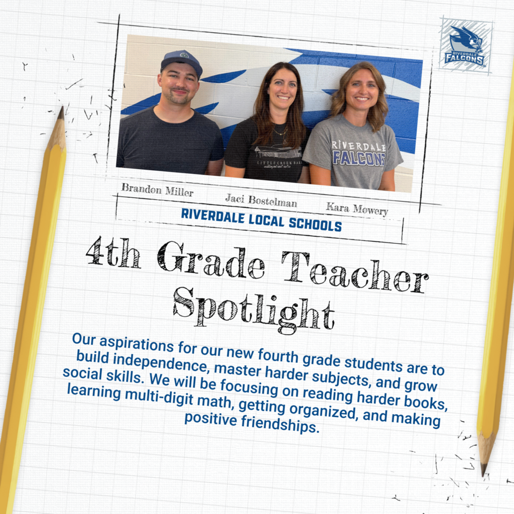 The image displays our 4th Grade teachers; Brandon Miller, Jaci Bostelman, Kara Mowery. As well as "TES LUGAL SCHOOLS 4th Grade Teacher Spotlight Our aspirations for our new fourth grade students are to build independence, master harder subjects, and grow social skills. We will be focusing on reading harder books, learning multi-digit math, getting organized, and making positive friendships."