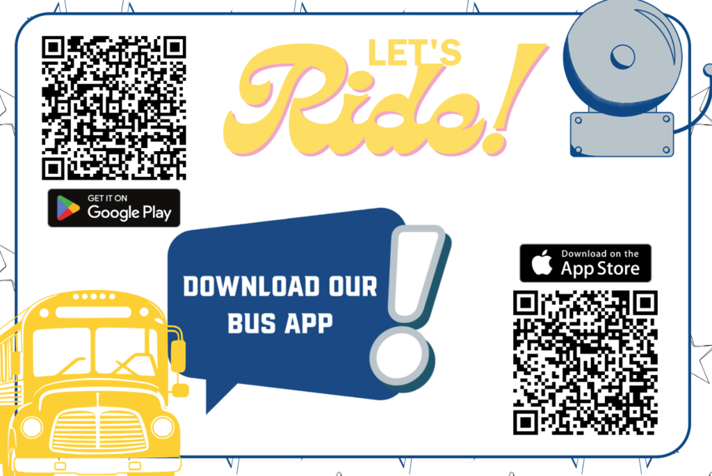 This image displays QR Codes for the My Ride K-12 Buss App for both IOS and Android