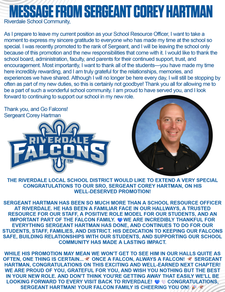 Page 4  September 2026 Falcon Nest News Message from Sergeant Corey Hartman