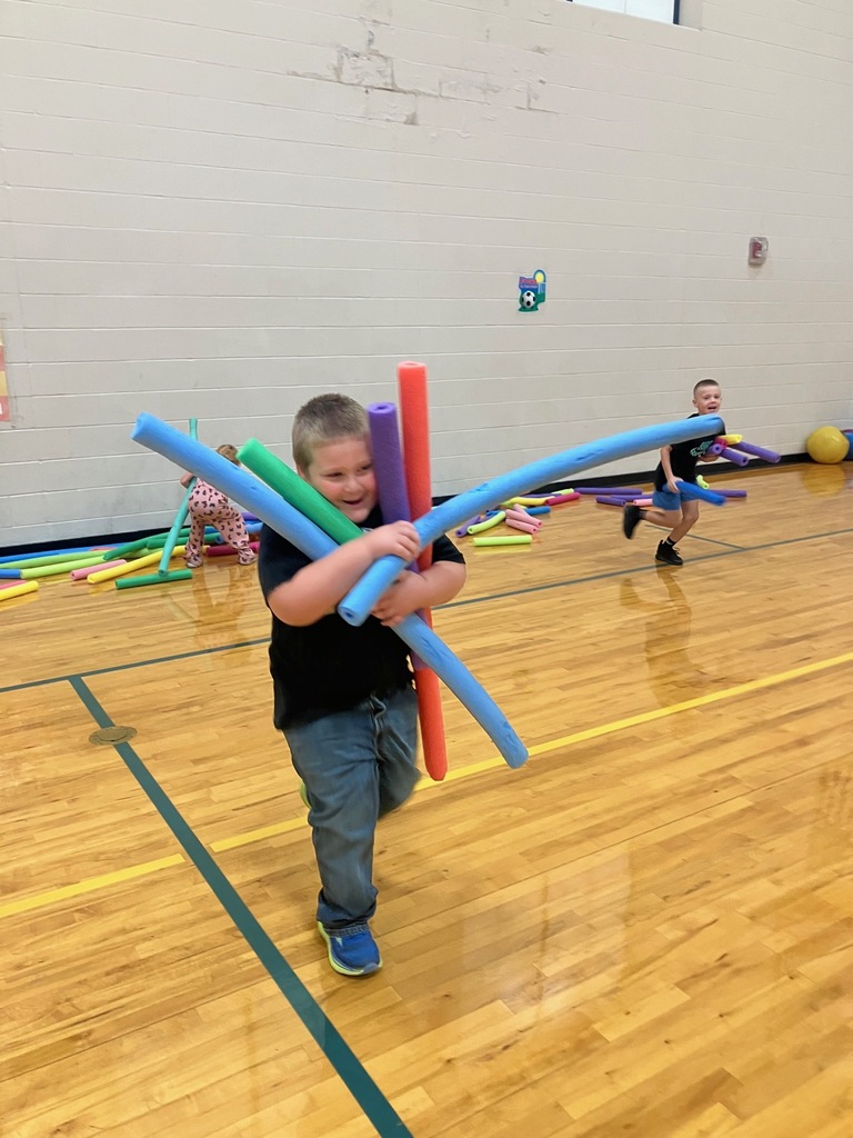 1st grade students in the gym collecting pool noodles