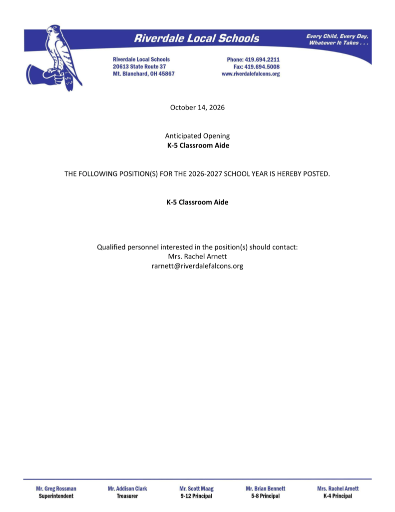 k-5 classroom aide position opening
