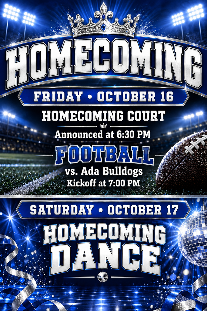 Homecoming festivities: Homecoming court announced 6:30pm on 10/16, football at 7pm, and the dance is on 10/17