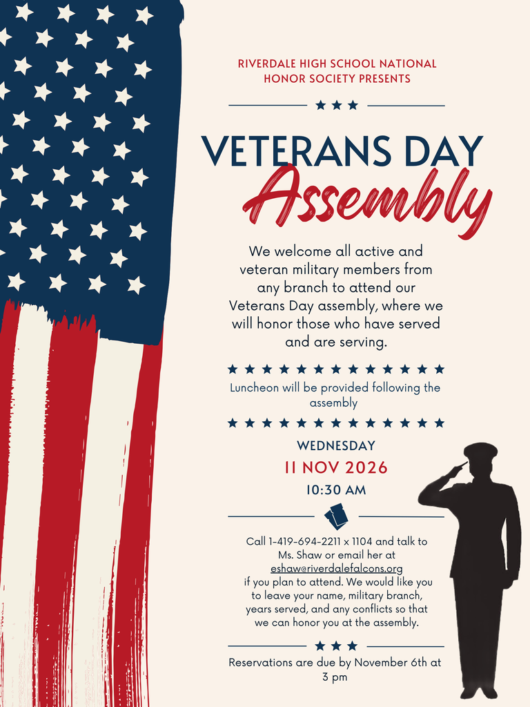 Veterans Day - November 11 2026 at 10:30 AM in the gym. All Veterans and active duty military are welcome