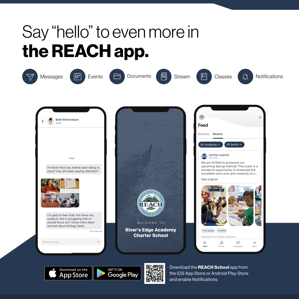 Text reads "Say 'hello' to even more in the REACH app" and 3 phone screens show different views of the app.