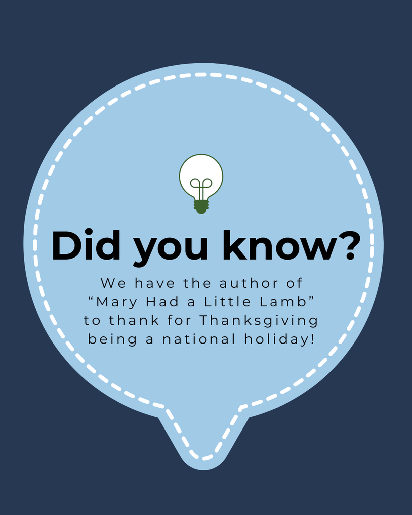 A cartoon speech bubble with a light bulb. The text reads, "Did you know? We have the author of "Mary Had a Little Lamb" to thank for Thanksgiving being a national holiday!"