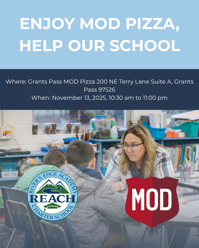 A teacher helps students work. The text reads, "Enjoy MOD Pizza, Help Our School. Where: Grants Pass MOD Pizza 200 NE Terry Lane Suite A, Grants Pass 97526 When: November 13, 2025, 10:30 am to 11:00 pm"